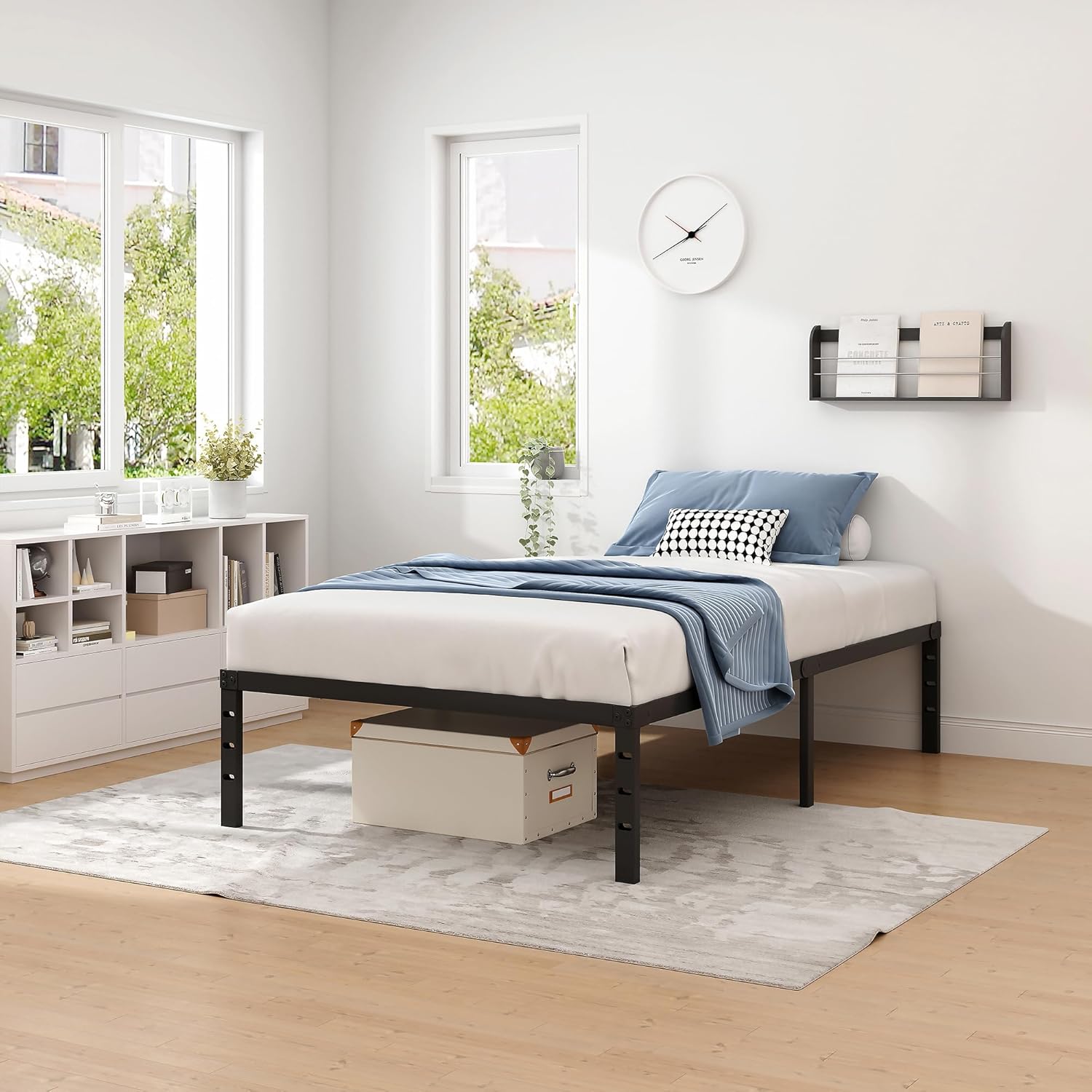 Metal Bed Frame,Queen Size Bed Frame with Storage Space,Heavy Duty Sturdy Mattress Foundation,Easy Assembly,No Box Spring Needed, Black,14 Inch,Queen