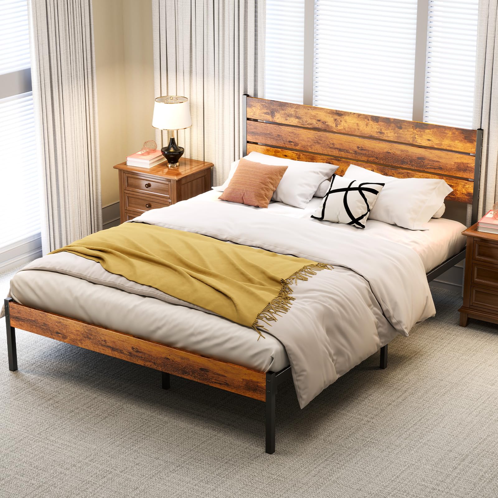 Full Size Bed Frame with Headboard, 800LBS Mattress Foundation with All Sturdy Metal Support, Under Bed Storage, No Box Spring Needed, Easy Assembly, Rust Brown
