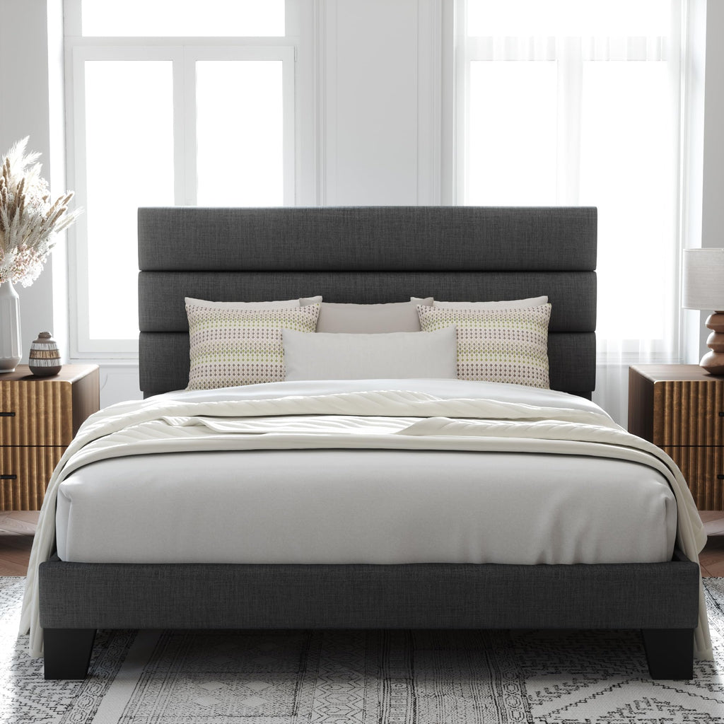 Queen Size Platform Bed Frame with Fabric Upholstered Headboard | Wooden Slats Support, Fully Upholstered Mattress Foundation, No Box Spring Needed, Easy Assembly, Noise-Free, Dark Grey