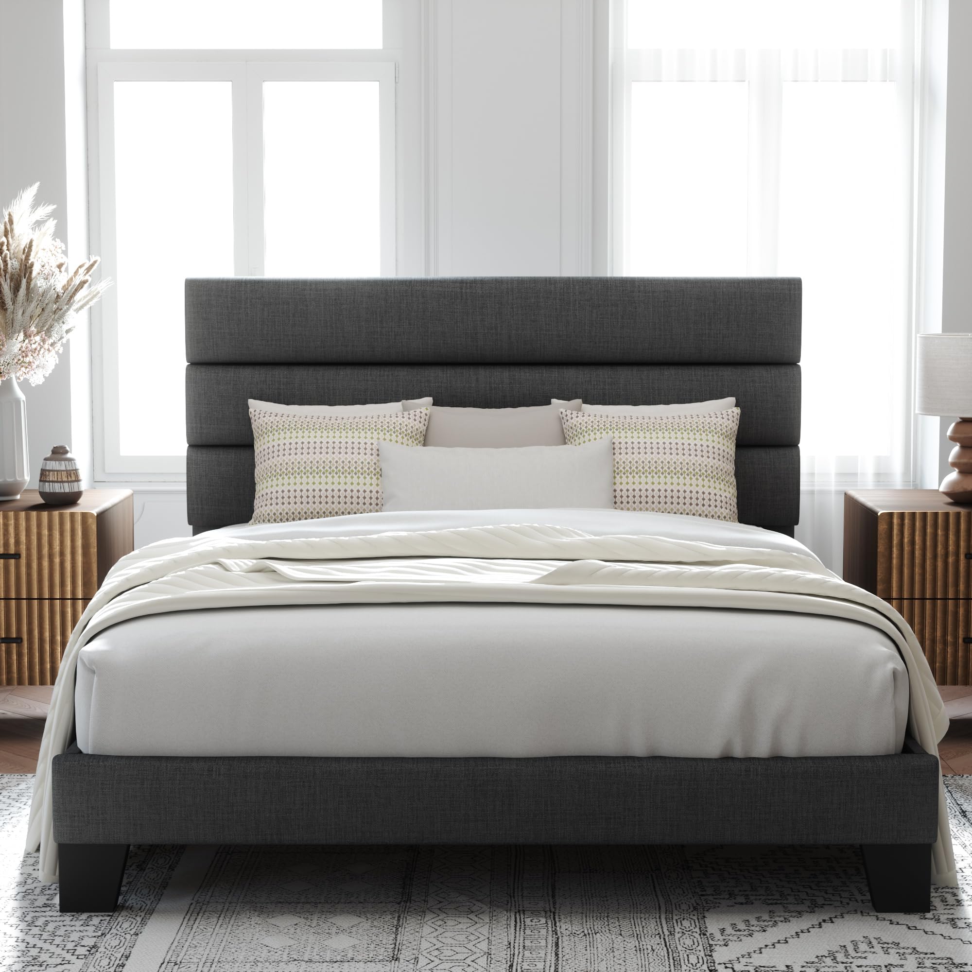 Queen Size Platform Bed Frame with Fabric Upholstered Headboard | Wooden Slats Support, Fully Upholstered Mattress Foundation, No Box Spring Needed, Easy Assembly, Noise-Free, Dark Grey