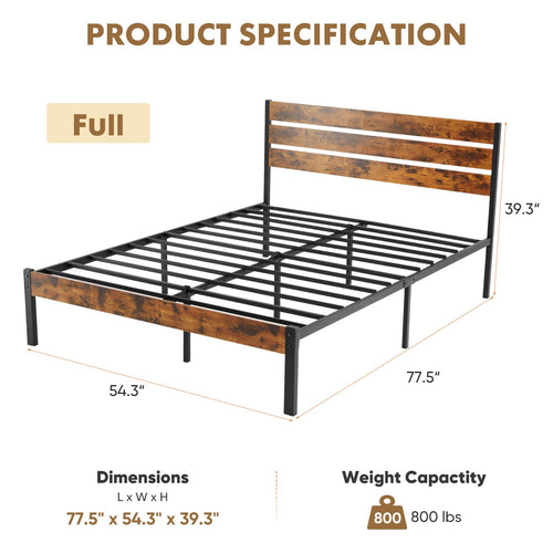 Full Size Bed Frame with Headboard, 800LBS Mattress Foundation with All Sturdy Metal Support, Under Bed Storage, No Box Spring Needed, Easy Assembly, Rust Brown