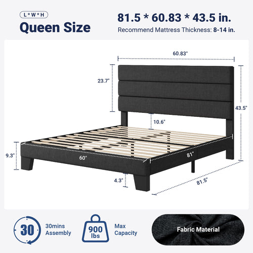 Queen Size Platform Bed Frame with Fabric Upholstered Headboard | Wooden Slats Support, Fully Upholstered Mattress Foundation, No Box Spring Needed, Easy Assembly, Noise-Free, Dark Grey