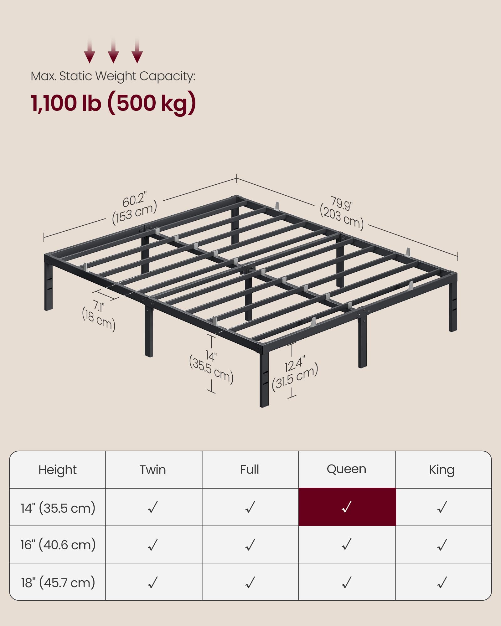 Queen Metal Bed Frame 14 Inches Tall, 1100 lb Weight Capacity, No Box Spring Needed, with Under-Bed Storage, Easy Setup, Heavy-Duty Platform Bed, Mattress Retainers, Matte Black