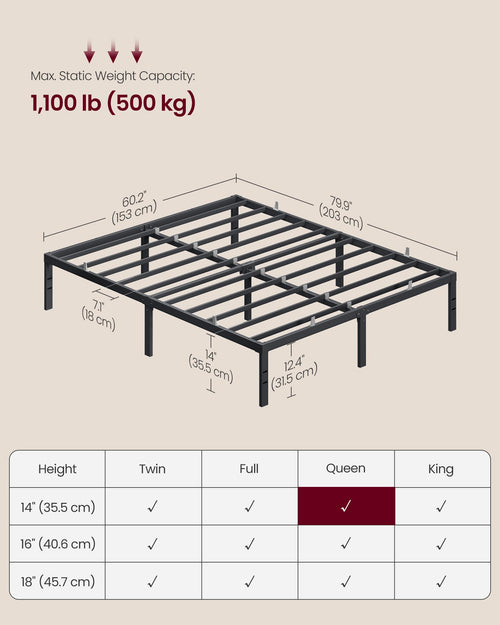 Queen Metal Bed Frame 14 Inches Tall, 1100 lb Weight Capacity, No Box Spring Needed, with Under-Bed Storage, Easy Setup, Heavy-Duty Platform Bed, Mattress Retainers, Matte Black