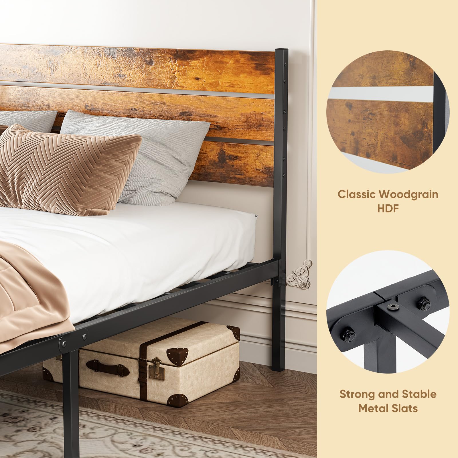 Full Size Bed Frame with Headboard, 800LBS Mattress Foundation with All Sturdy Metal Support, Under Bed Storage, No Box Spring Needed, Easy Assembly, Rust Brown