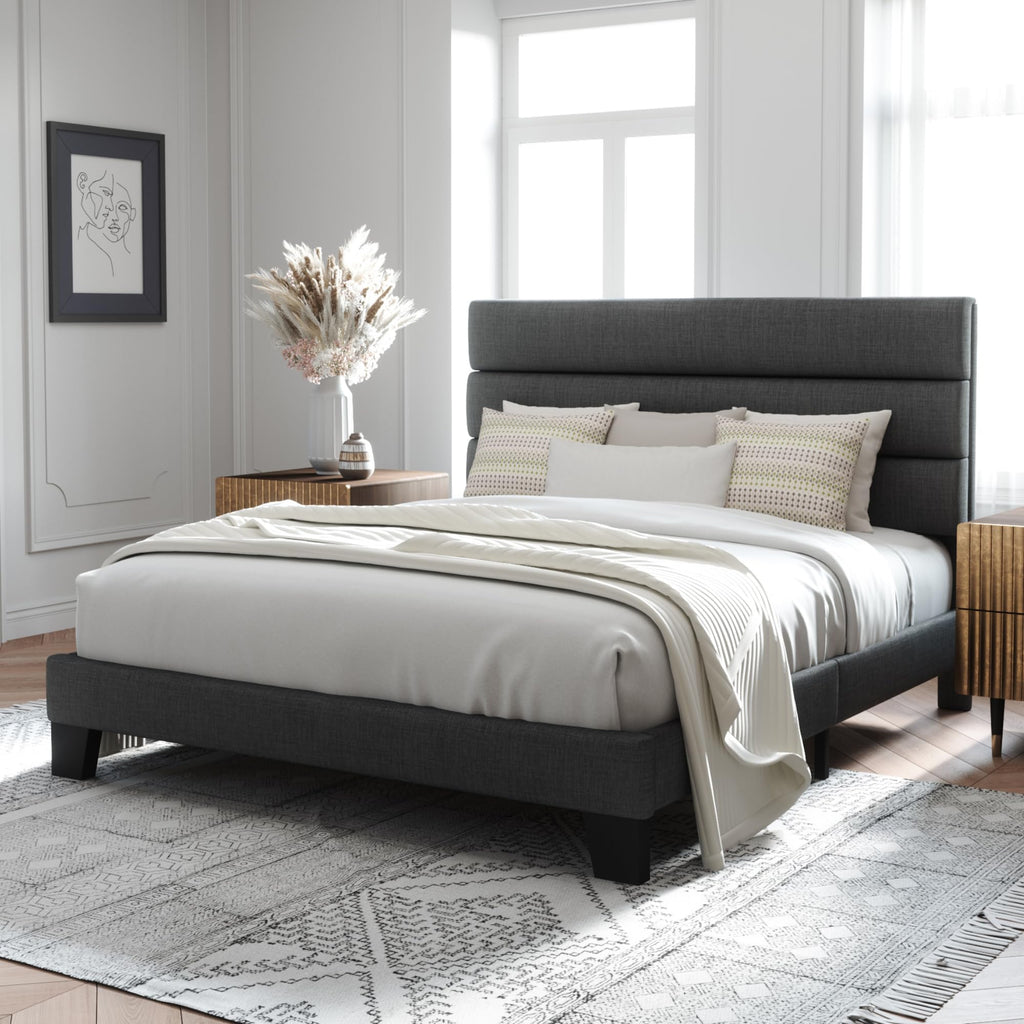 Queen Size Platform Bed Frame with Fabric Upholstered Headboard | Wooden Slats Support, Fully Upholstered Mattress Foundation, No Box Spring Needed, Easy Assembly, Noise-Free, Dark Grey