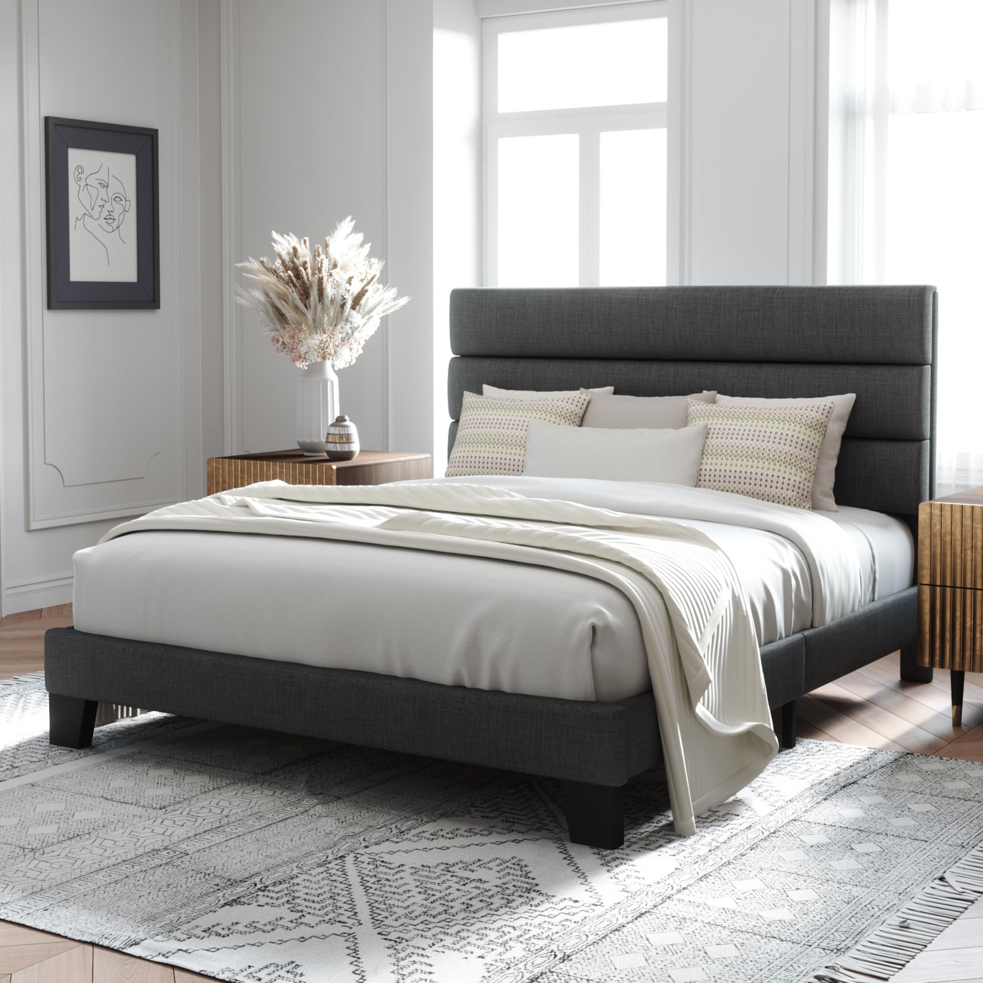 Queen Size Platform Bed Frame with Fabric Upholstered Headboard | Wooden Slats Support, Fully Upholstered Mattress Foundation, No Box Spring Needed, Easy Assembly, Noise-Free, Dark Grey