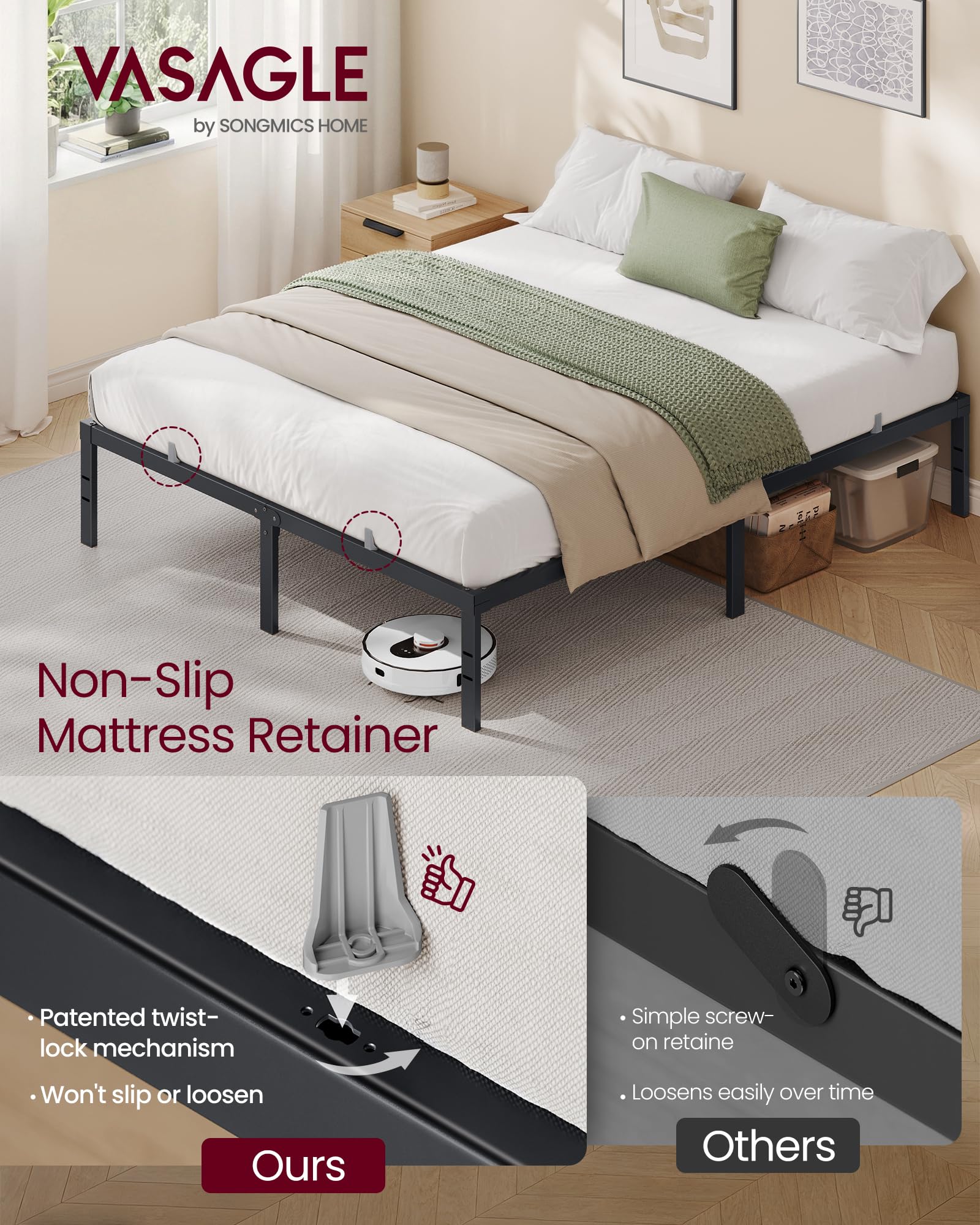 Queen Metal Bed Frame 14 Inches Tall, 1100 lb Weight Capacity, No Box Spring Needed, with Under-Bed Storage, Easy Setup, Heavy-Duty Platform Bed, Mattress Retainers, Matte Black
