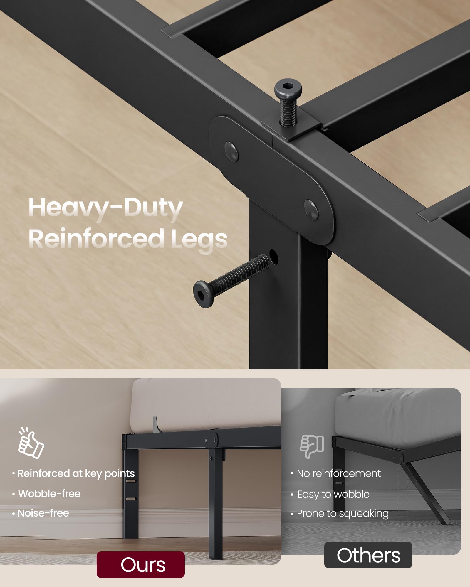 Queen Metal Bed Frame 14 Inches Tall, 1100 lb Weight Capacity, No Box Spring Needed, with Under-Bed Storage, Easy Setup, Heavy-Duty Platform Bed, Mattress Retainers, Matte Black