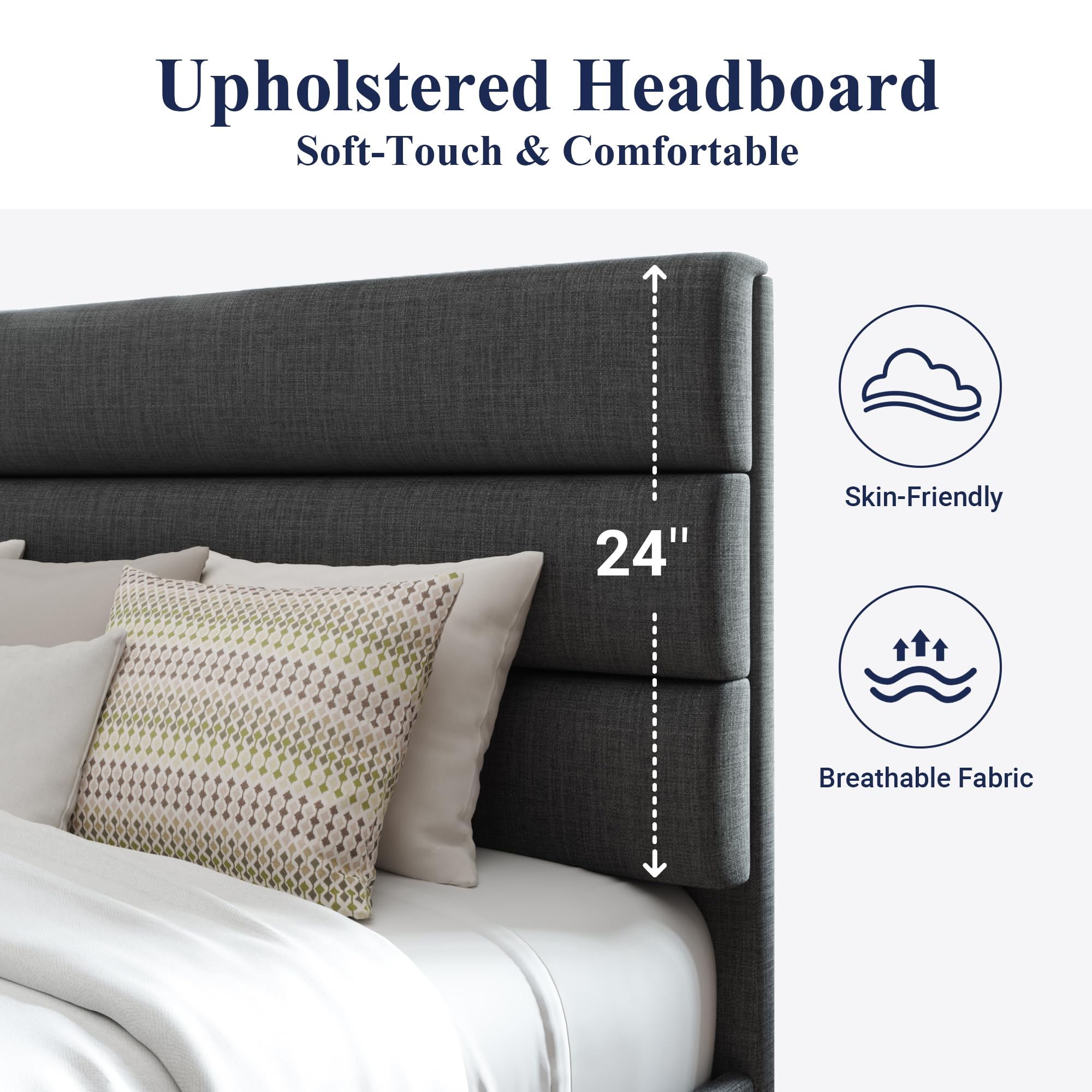 Queen Size Platform Bed Frame with Fabric Upholstered Headboard | Wooden Slats Support, Fully Upholstered Mattress Foundation, No Box Spring Needed, Easy Assembly, Noise-Free, Dark Grey