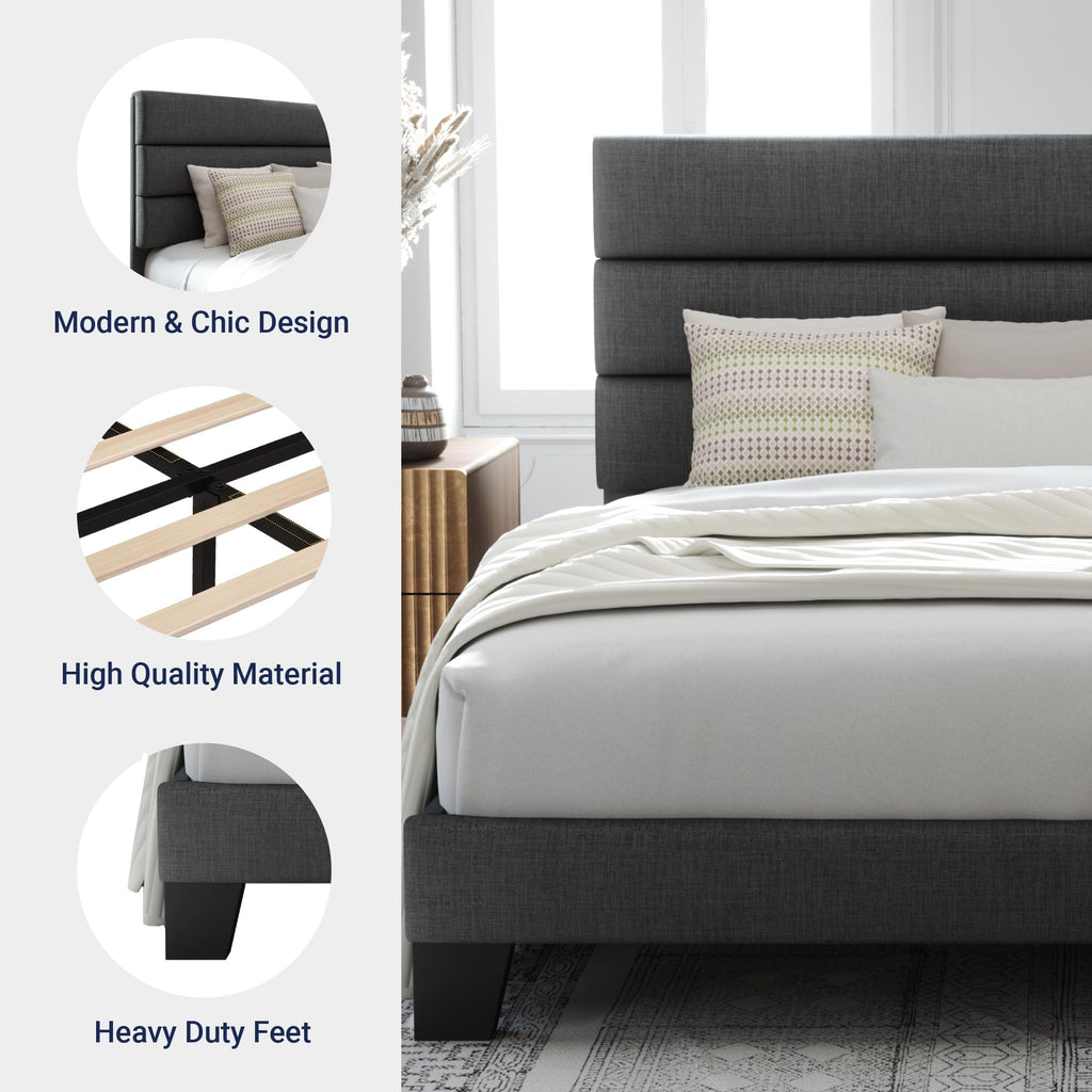 Queen Size Platform Bed Frame with Fabric Upholstered Headboard | Wooden Slats Support, Fully Upholstered Mattress Foundation, No Box Spring Needed, Easy Assembly, Noise-Free, Dark Grey