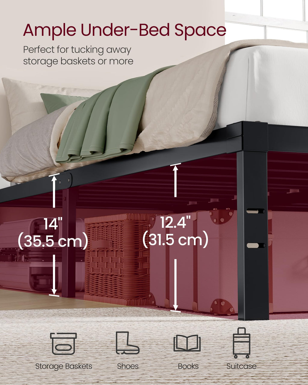 Queen Metal Bed Frame 14 Inches Tall, 1100 lb Weight Capacity, No Box Spring Needed, with Under-Bed Storage, Easy Setup, Heavy-Duty Platform Bed, Mattress Retainers, Matte Black