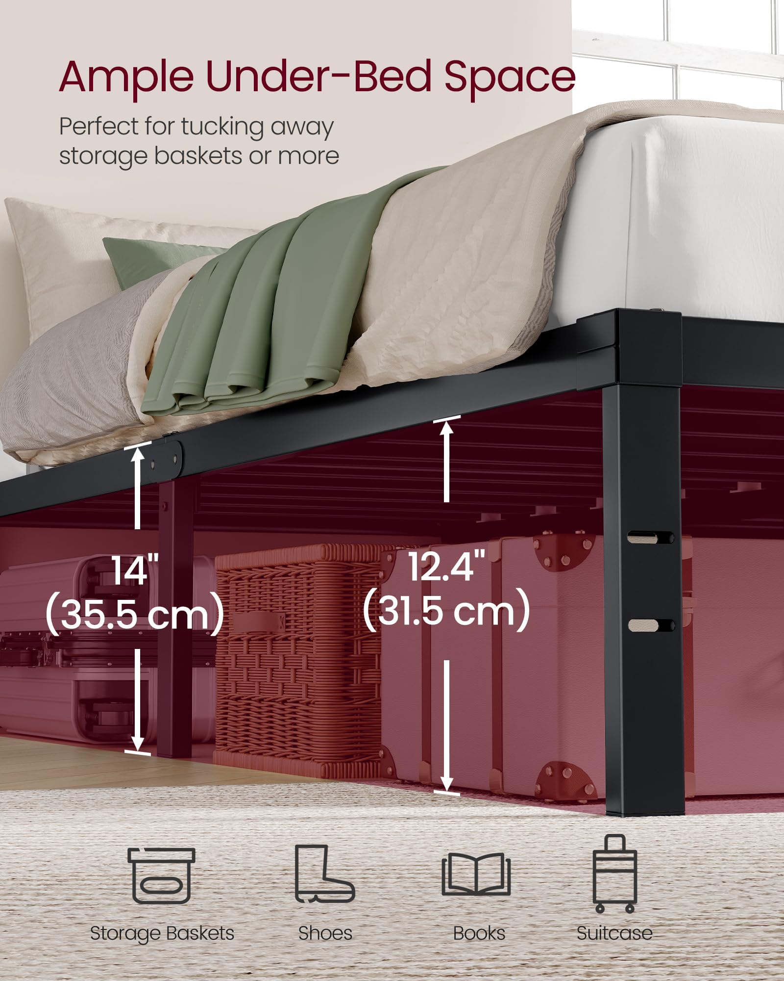 Queen Metal Bed Frame 14 Inches Tall, 1100 lb Weight Capacity, No Box Spring Needed, with Under-Bed Storage, Easy Setup, Heavy-Duty Platform Bed, Mattress Retainers, Matte Black