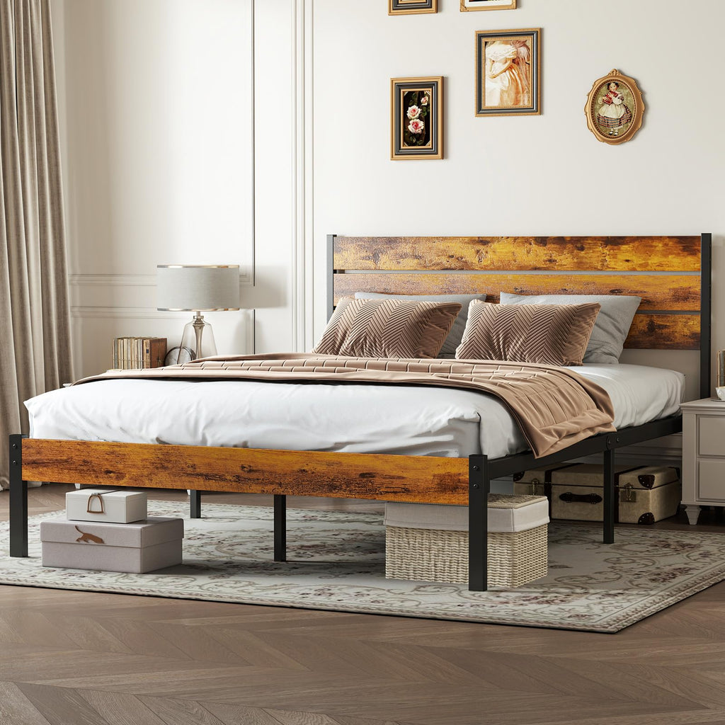 Full Size Bed Frame with Headboard, 800LBS Mattress Foundation with All Sturdy Metal Support, Under Bed Storage, No Box Spring Needed, Easy Assembly, Rust Brown